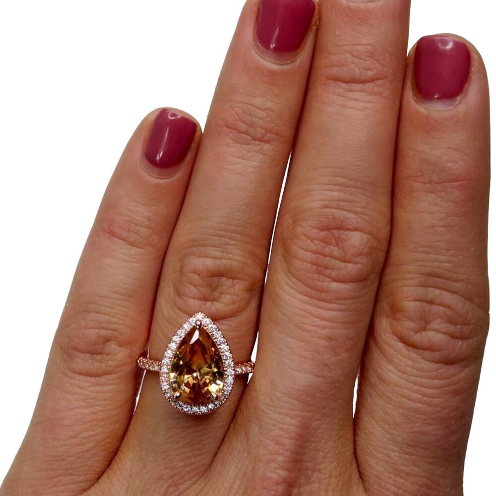 Macy's Rose Gold Pear Teardrop Halo Morganite Diamond Ring S 925 Size 7 - Picture 3 of 11